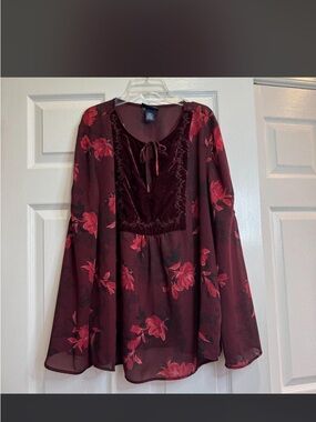 Women's Burgundy Floral Tie-Neck Blouse
